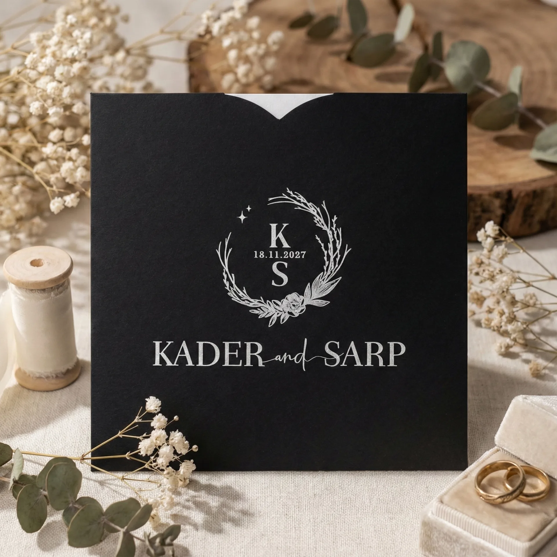 Siyah Zeminli Gümüş Desenli Kare Davetiye