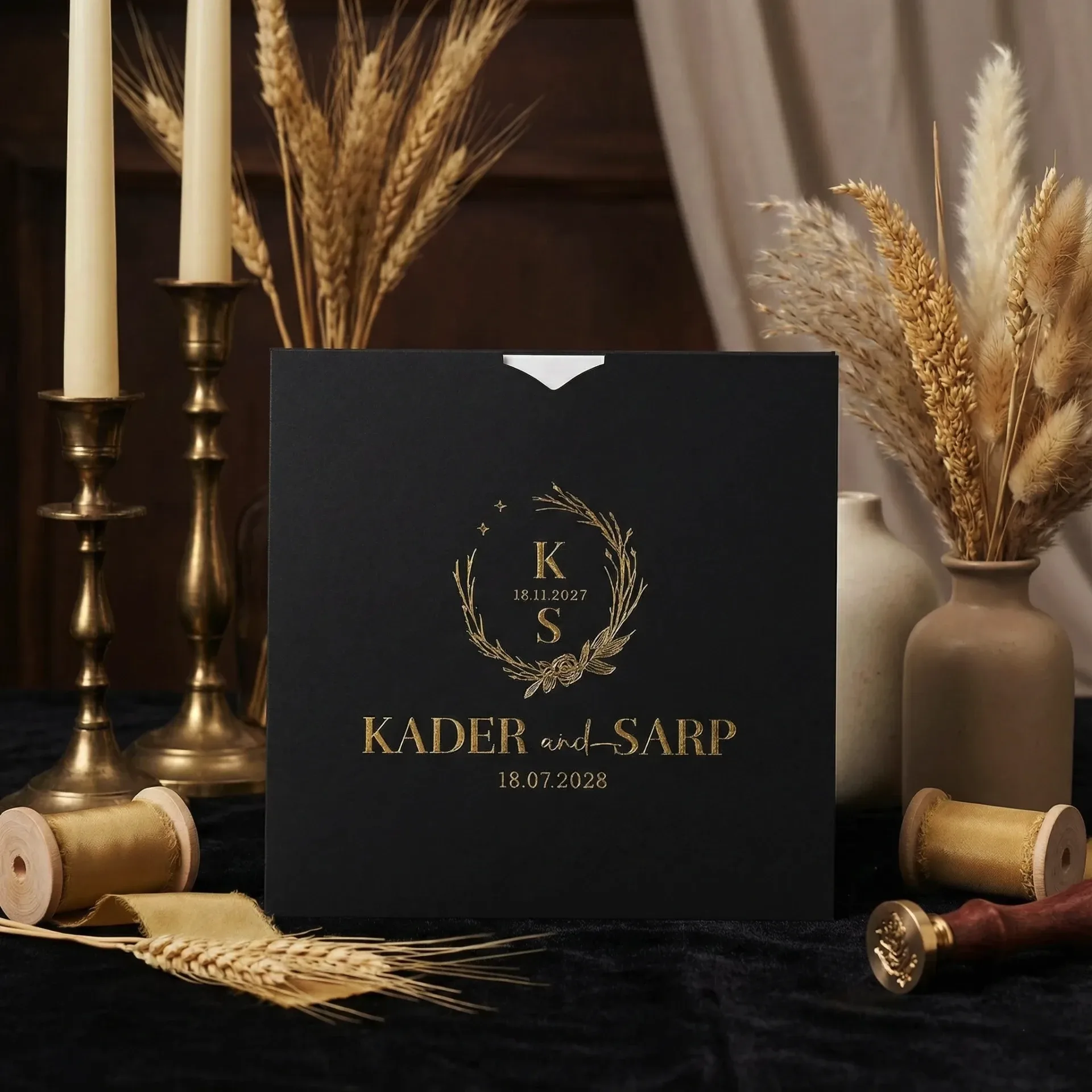 Hızlı Davetiye Siyah Zeminli Altın Yaldızlı Kare Davetiye 55 215